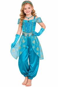 lot 2327 image: 7-8Y Girls Arabian Princess Costume with Accessories, Teal Genie Outfit for Kids - Retail $30