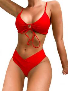 lot 2329 image: Meetall Red High Cut Leg Rise Cute Cheeky Bikini Set Swimsuits for Women Sexy String Bathing Suits Two Piece Size L - Retail $33