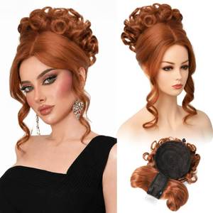lot 2340 image: REECHO Messy Bun Hair Piece with Bangs - 2-in-1 Hair Bun Hairpieces Curly Updo Wig & Hair Topper with Long Side Bangs Natural-Looking Drawstring Ponytail Extension for Women - Copper - Retail $27