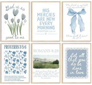 lot 2341 image: QLDENIX Set of 6 Blue Christian Canvas Wall Art Bible Verses - Retail $13