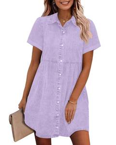 lot 2344 image: GRAPENT Spring Summer Denim Dress for Women Babydoll Tiered Short Sleeve Button Down Jean Shirt Dresses Purple Color Digital Lavender Size Medium Size 8 to 10 - Retail $16