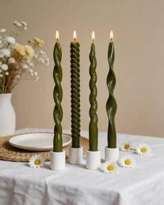 lot 2369 image: ONE BROKEN Olive Green Taper Candles Spiral Candlesticks Unscented Smokeless Tall Candles for Wedding Holiday Dinner Party Home Decorative candles-10inch,4pcs - Retail $18