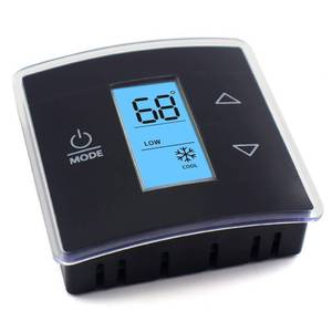 lot 2392 image: 3316250.712 RV Single Zone Wall Thermostat Replacement for Dometic for RVCamper Conditioners, Blue Backlight LCD Display, Black 3-Wire - Retail $24