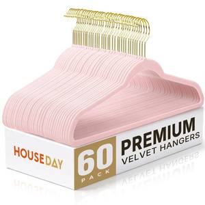 lot 2404 image: HOUSE DAY Pink Velvet Hangers 60 Pack with Gold Hooks, Non-Slip, No Marks - Retail $1,146