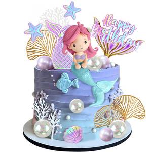 lot 2405 image: Mermaid Cake Toppers with Shell Starfish Fishtail Balls for Mermaid Birthday Supplies (Style1) - Retail $15