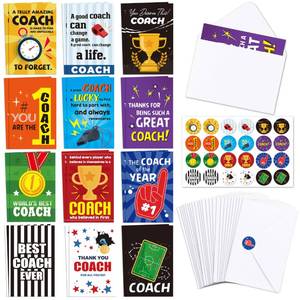 lot 2406 image: TICIAGA Coach Greeting Cards Set - 24 Sport Theme Thank You Cards with Envelopes & Stickers, Appreciation Gifts for Soccer Football Basketball Coaches, End of Season Team Gift for Kid School Classroom - Retail $8
