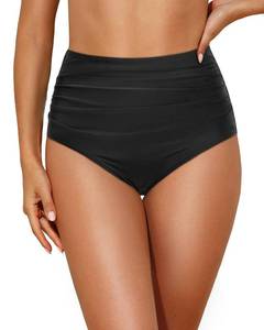 lot 2418 image: Tempt Me Women Retro High Waist Bikini Bottom Black Ruched Swim Brief Bottom L - Retail $20
