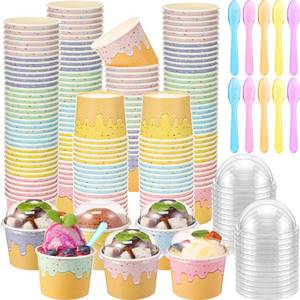 lot 2422 image: Jingmore 120 Set 6oz Ice Cream Paper Cups with Lids and Spoons - Retail $30