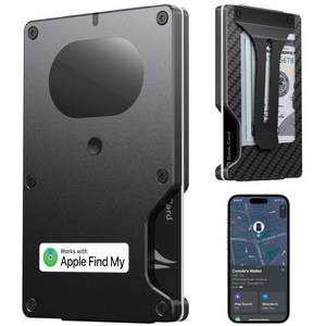 lot 2424 image: Wallet for Men, Slim Minimalist Wallet Card Holder with Location Tracking, Built in Airtag Chip Compatible with Apple Find My, RFID-Blocking Smart Metal Wallet with Money Clip (Black Carbon Fiber) - Retail $30