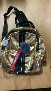 Gold and Black Backpack with Straps and Pom-Pom Charm -