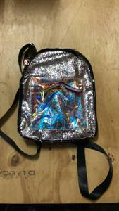 Glitter Backpack with Holographic Pocket and Black Straps -