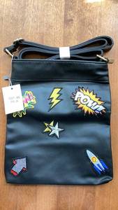 lot 234 image: Black Crossbody Bag with Embroidered Comic Graphics and Striped Strap