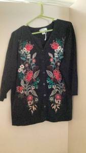 lot 278 image: 2 Womens Knit Tops Long Sleeve cardigan with buttons Floral Black Blue Cowl Neck Chico��s size 2 preloved