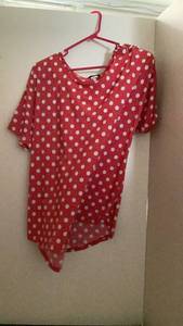 lot 291 image: Womens Clothing Lot 2 Items Red Polka Dot Top large size 12 long Denim Jeans preloved