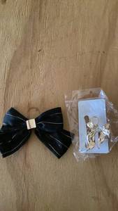 lot 301 image: Black Velvet Bow Hair Clip with Gold Tone Bow Brooch