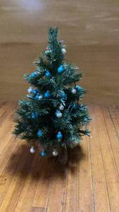 lot 429 image: Small Tabletop Christmas Tree with Blue and White Ornaments