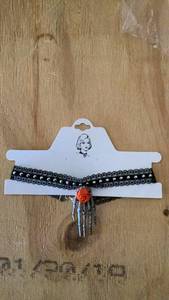 lot 457 image: Black Lace Choker Necklace with Orange Rose Pendant
