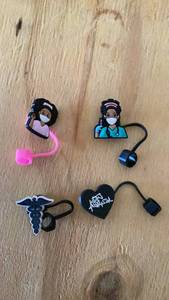lot 496 image: 4 Assorted Silicone straw Charms Lot Healthcare Workers Animals - Retail $0