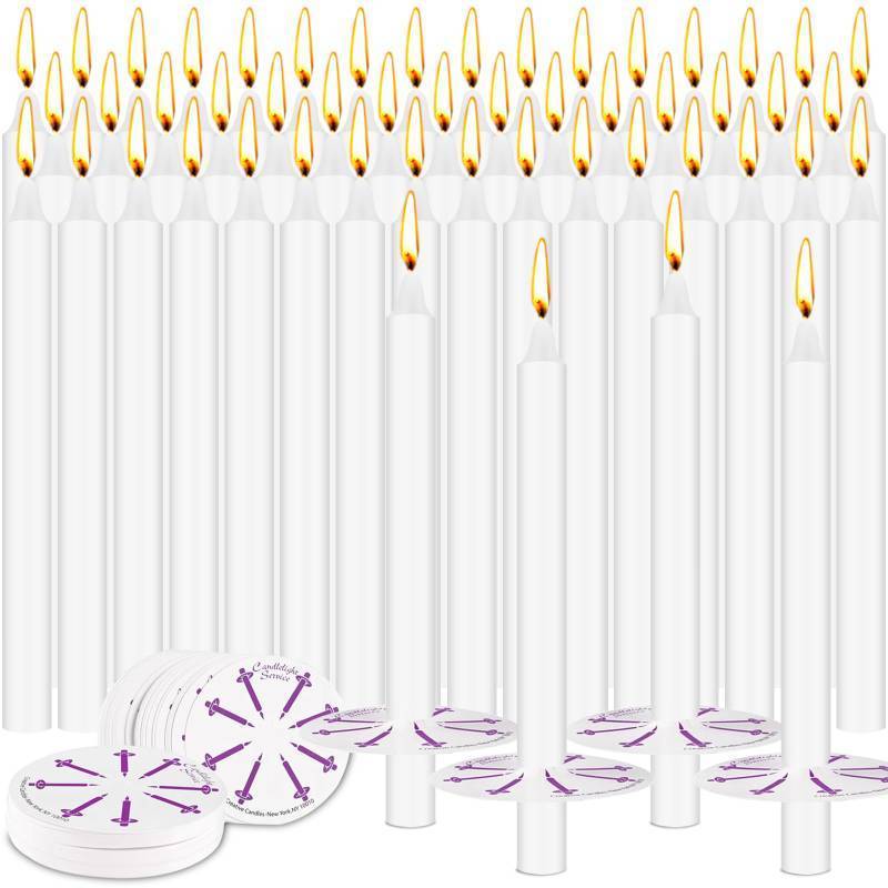 lot 73621 image: 100 Pack 5 Inch White Taper Candles with Drip Protectors, Unscented Bulk Christmas Advent Church Candles for Spell Ritual, Prayer Altar Decor, Wicca Shabbat, Meditation Vigil Candle Holders - Retail $16