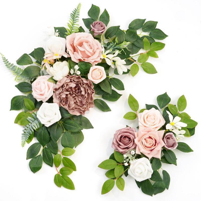 lot 73598 image: Wedding decor (pack of 2) Welcome Sign Flower Backdrop Garland For Ceremony Reception Wall Easel Home Decoration Entryway Faux Outdoor Board Head Table Decor (Dusty Rose) - Retail $30
