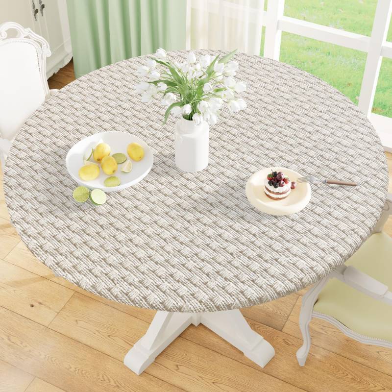 lot 73574 image: Round Fitted Tablecloth with Elastic Edge, 100% Waterproof Oil Proof Plastic Table Cover, Vinyl Flannel Backed Tablecloth Fits 45-56 Round Tables for Dinner, Outdoor, Picnic, Weave - Retail $19