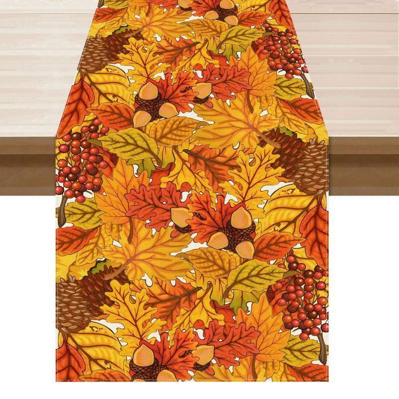 lot 73636 image: Fall Maple Leaves Pinecone Table Runner Table Decoration for Kitchen Dining Dinner Autumn Home Decor 13x48 Inch - Retail $10