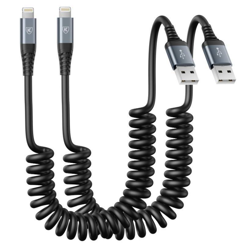 lot 73676 image: Coiled Lightning Cable, iPhone Charger Cable 3FT for Car, 2 Pack-Black - Retail $16