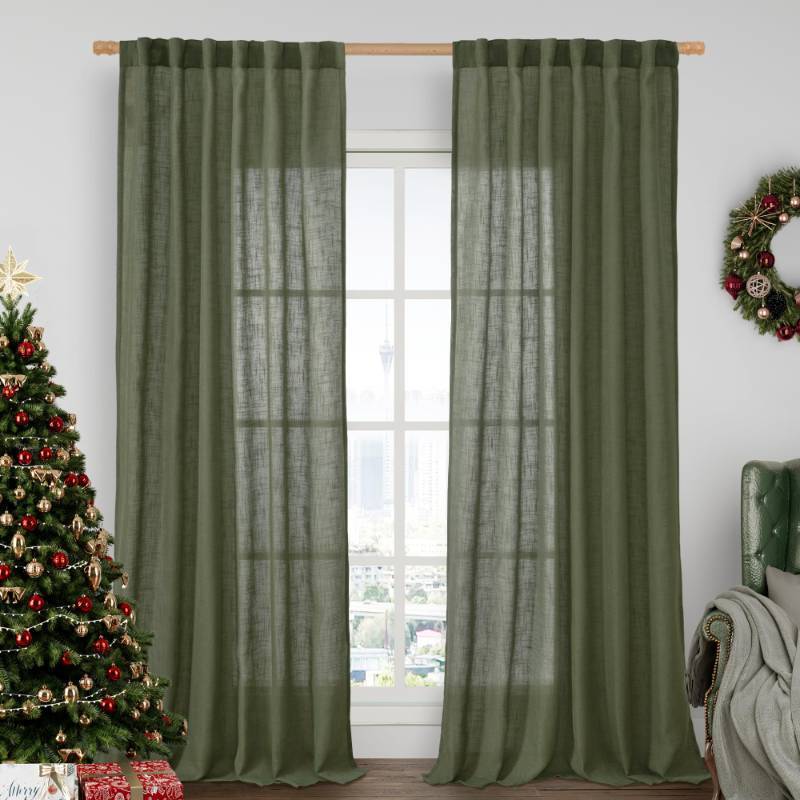 lot 73618 image: Olive Green Linen Curtains for Living Room 84 inch Length 2 Panels - Retail $29