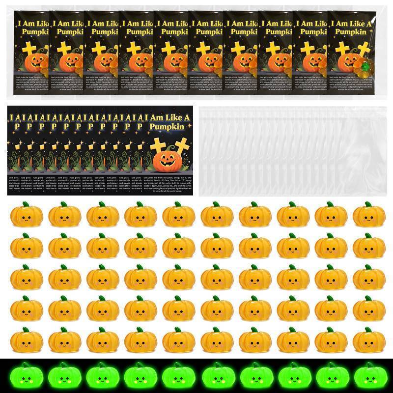 lot 18071 image: 60 Set Christian Halloween Favors I Am Like a Pumpkin Party Favors Include Mini Resin Halloween Luminous Pumpkin with Religious Bible Verse Prayer Card for Adult Sunday Church Baptism (missing bag) - Retail $20