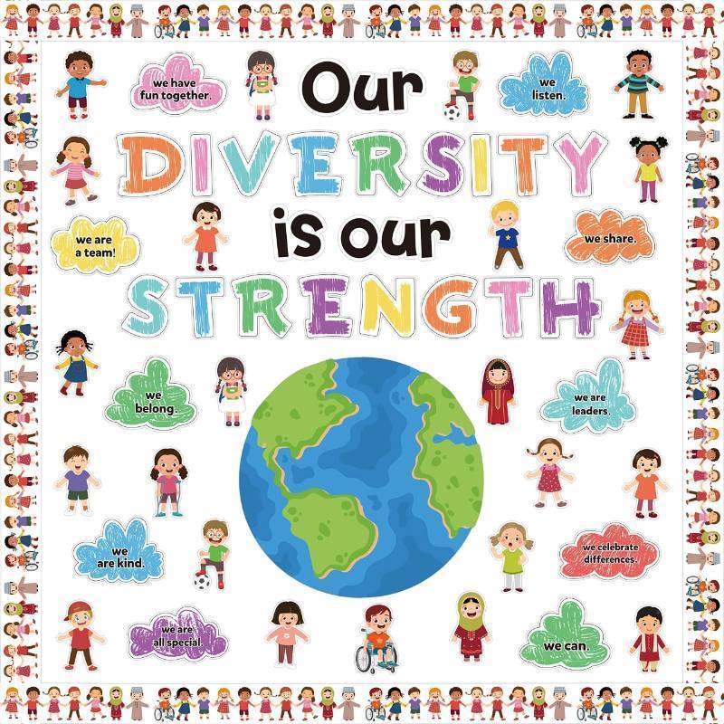 lot 43961 image: 112Pcs Diversity Strength Bulletin Board Classroom Name Tags Decoration Set, Diverse Children Cutout Borders, Our Diversity is Our Strength Wall Chalkboard Party Supplies for Elementary School - Retail $9