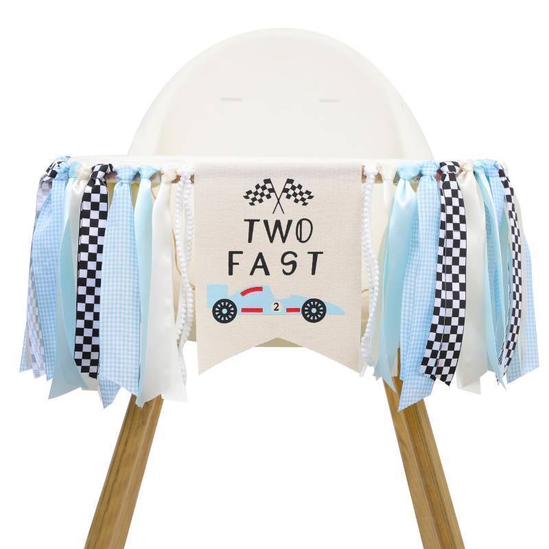 lot 26240 image: Race Car Birthday High Chair Banner - Two Fast High Chair Birthday Banner, Blue Car Two Fast Decorations, Racing 2nd Bday Decor(two fast) - Retail $12