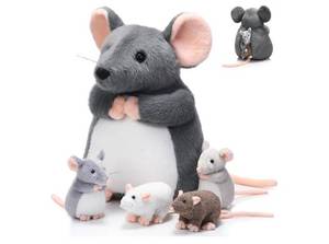 lot 59201 image: 5 Pcs Mouse Rat Stuffed Animal with Babies Pouch, Fluffy Style Mommy Mouse Plush, 4 Baby Mice - Retail $32