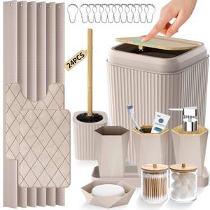 Bathroom Accessories Set - Beige Bathroom Set with Shower Curtain and Rugs, Trash Can, Toilet Brush with Holder, Soap Dispenser, Toothbrush and Toothpaste Holder, Cup, Soap Dish, Qtip Holders, Tray - Retail: $60