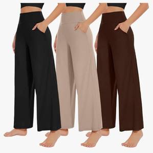 lot 59216 image: Pack Womens Wide Leg Pants with Pockets High Waist Loose Sweatpants Casual Lounge Yoga Workout Palazzo, Medium. - Retail $30