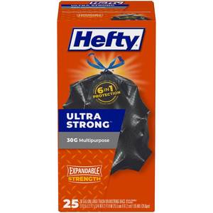 lot 59242 image: Hefty Ultra Strong 30 Gal Large Trash Bags, Black, Unscented, 25ct. COUNT Unknown. - Retail $13
