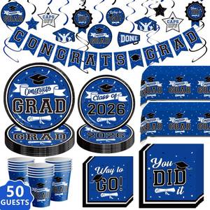 lot 59260 image: Graduation Decorations Blue, Graduation Party Decorations Disposable Tableware Set for 50 Guests, Plates, Cups, Tablecloth with Congrats Grad Hanging Decor. MISSING 2026 SMALL PLATES. - Retail $20
