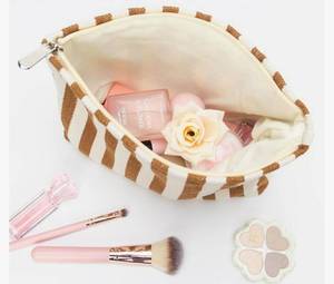 lot 59274 image: Flat Makeup Bag for Women,Zipper Cosmetic Pouch for Purse,Stripe Coffee Canvas-Lined Makeup Organizer - Retail $10