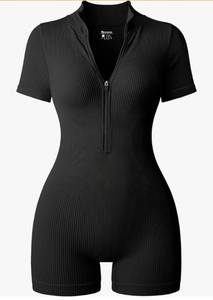lot 59277 image: Women Rompers Casual Short Sleeve Zip Front Short Jumpsuits Ribbed, Tummy Control, Stretch,Yoga Workout, MEDIUM - Retail $26