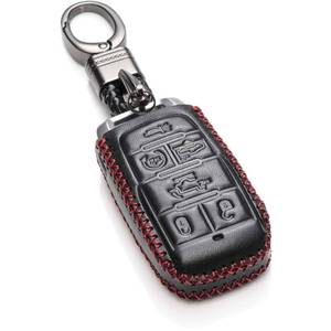 lot 59297 image: Genuine Leather Smart Key Fob Case Cover Protector Compatible with RAM 1500, RAM 2500, RAM 3500 2019 - 2026 (6-Button, BlackRed) - Retail $15