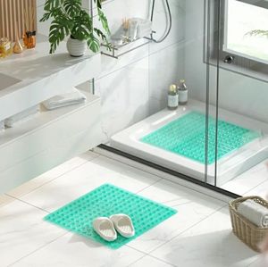 lot 59302 image: Shower Mat Anti Slip, Square Bath Mat for Tub Non Slip with Suction Cups and Drain Holes, 21x21 Inch Bathroom Shower Stall Floor Mat, Machine Washable. - Retail $13