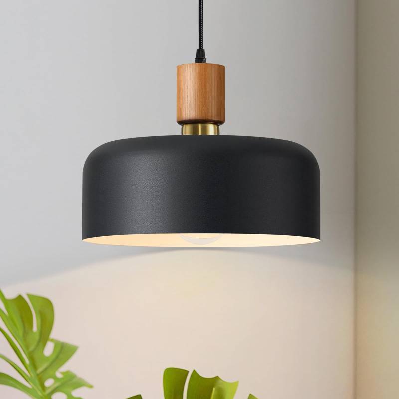 lot 18441 image: 11.6 Black Pendant Light, Walnut Oak Wood & Brass Metal Drum Shade - Retail $57