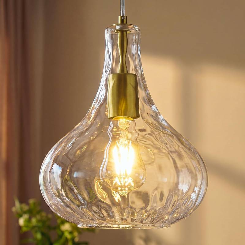 lot 18444 image: Modern Glass Pendant Light 9.44 in Clear Hammered Glass Shade Gold Farmhouse Island Pendant Lights for Kitchen Pendant Lighting Over Sink Bedroom Dining Room (1 Pack) - Retail $110