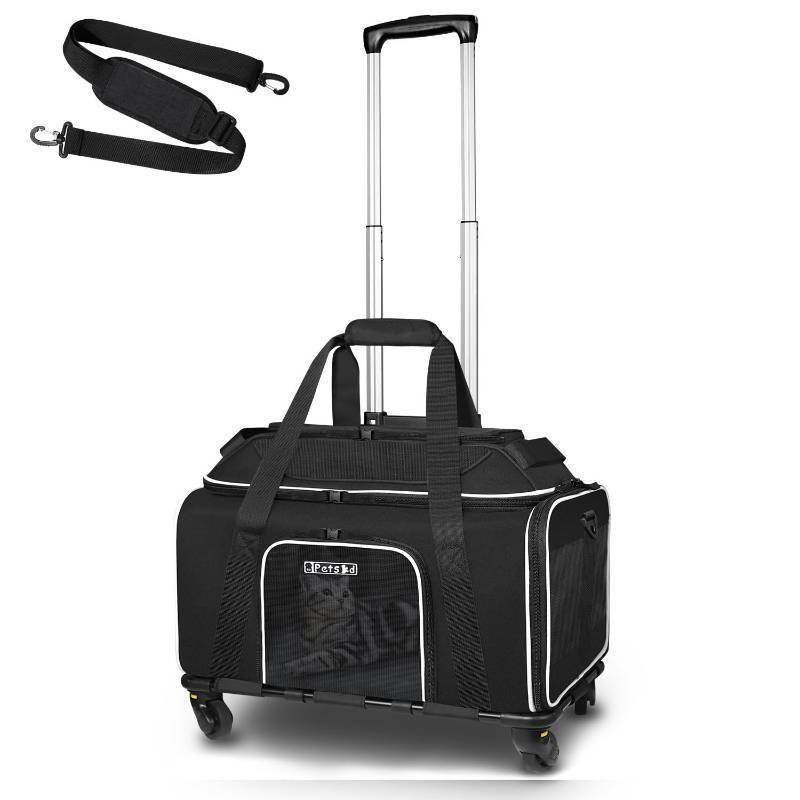 lot 18445 image: Top-Expandable Pet Carrier with Wheels 17x12x8.5 Inches JetBlue Allegiant Spirit Airline Approved, Soft-Sided Carrier for Small Cat Dog with Locking Safety Zippers and Anti-Scratch Mesh(Black) - Retail $119