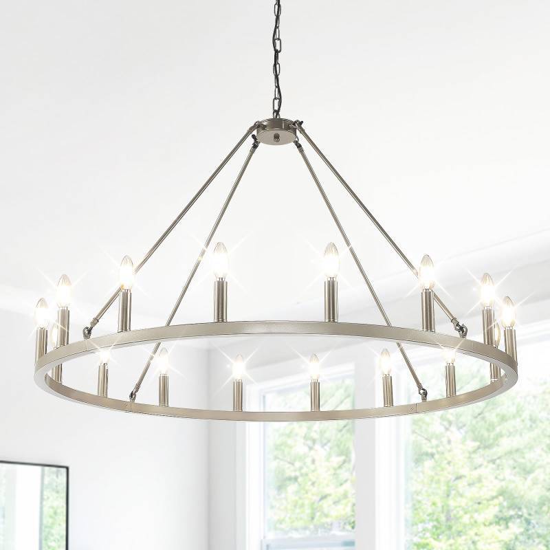 lot 18453 image: 20.7 Farmhouse Chandelier, 6-Light Wagon Wheel Chandelier, Round Kitchen Island Lighting, Dining Room Light Fixtures Over Table, Modern Foyer Lighting Fixtures, for Living Room, Bedroom, Entryway - Retail $75