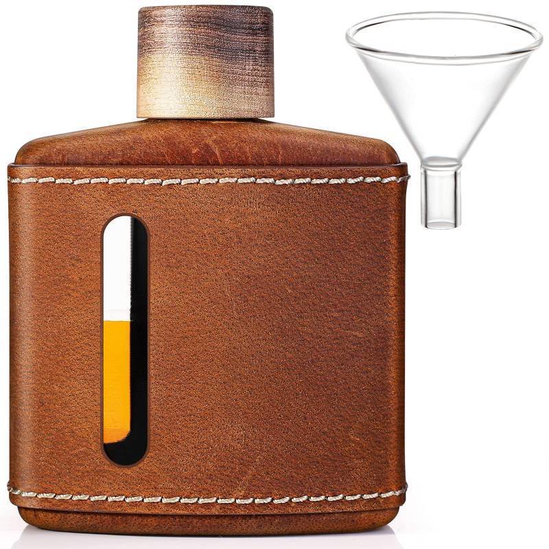lot 18472 image: Handmade Crazy Horse Leather Hip Flasks for Whiskey Liquor for Men, Premium Fathers Day Glass Flask Gifts Idea with Funnel &Wood Lids Leakproof for Hennessy Liquor &Spirits, 100ml - Retail $55