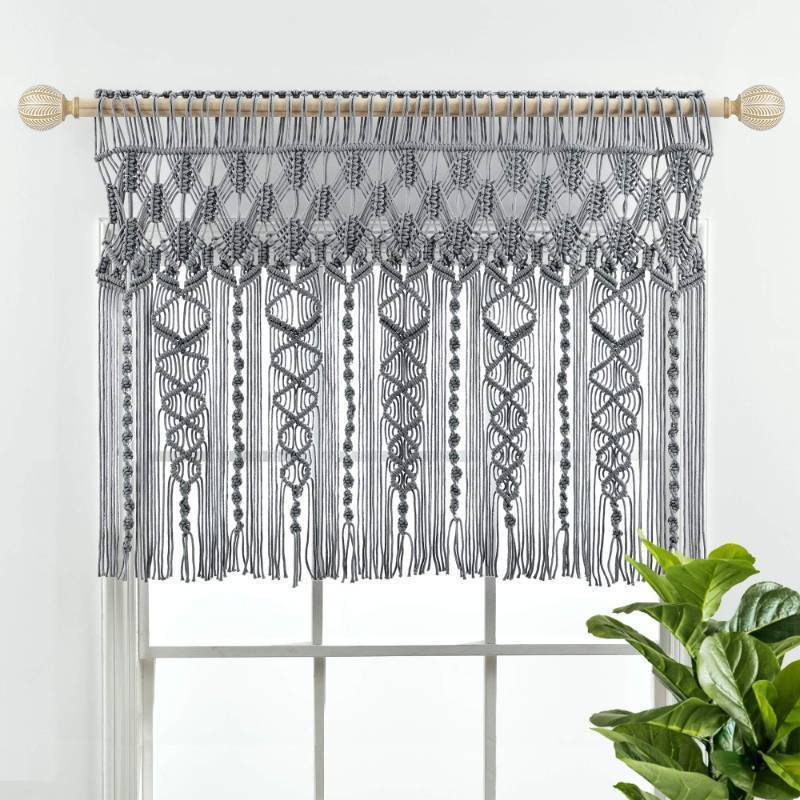 lot 28756 image: Lush Decor Boho Macrame Textured Cotton Valance, 40 W x 30 L, Gray - Boho Kitchen Curtains & Wall Decor - Macrame Valance - Bathroom Window Curtains - Retail $21