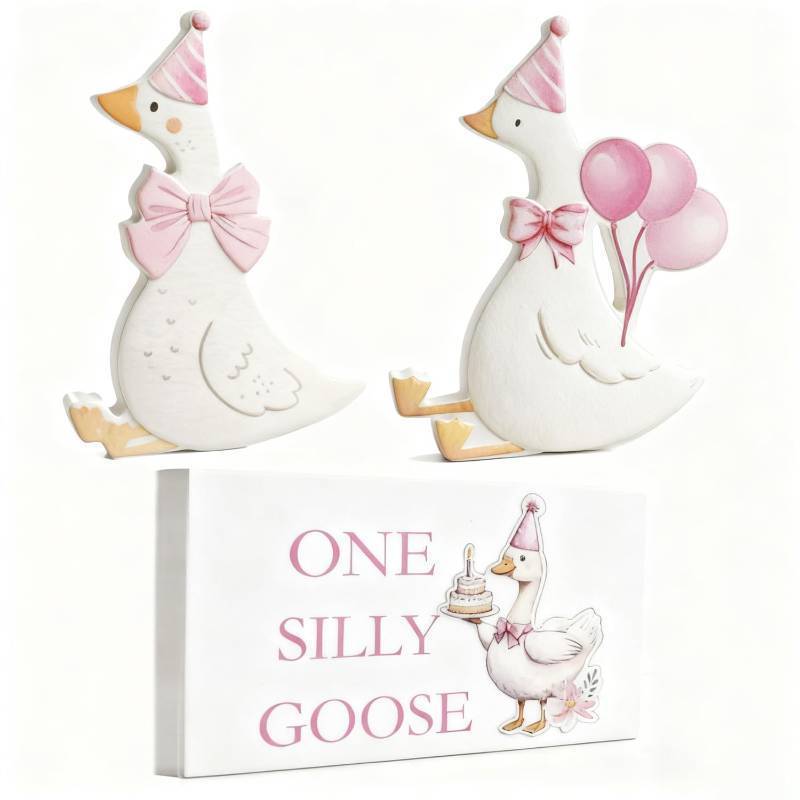 lot 28891 image: 3 Pcs One Silly Goose Birthday Decorations Girls Wooden Table Centerpiece Silly Goose Baby Shower Decor for Tiered Tray Desk Party Supplies��Pink�� - Retail $15
