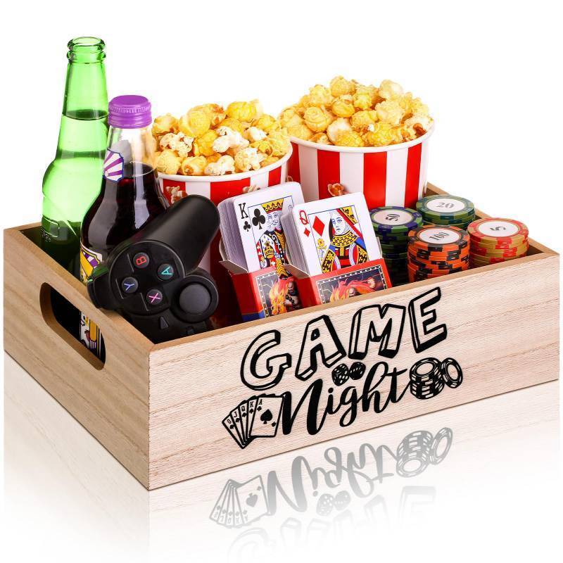 lot 63876 image: Movie Night Supplies Snack Trays with Handles Reusable Wooden Movie Gift Basket for Theater Popcorn Bucket Bowl Box Container Family Room Decor(Game Night) - Retail $23