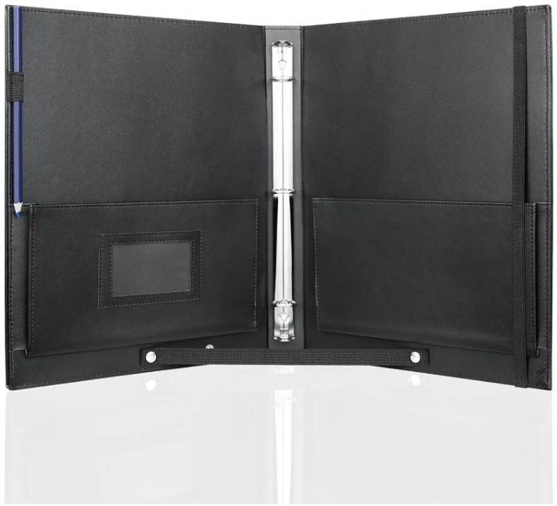 lot 29121 image: Large Black Choral Music Folders, 3 Ring Choir Music Binder, PU Material, Hand Strap, Retention Strap - Retail $22