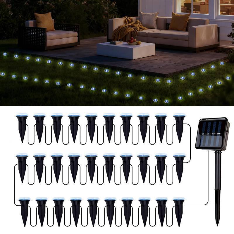lot 29150 image: 30 LED Solar Ground Lights Outdoor, Waterproof Solar Pathway Lights, LED Landscape Lighting for Garden, Patio, Driveway, Walkway - White, VISIBLE USE. - Retail $20